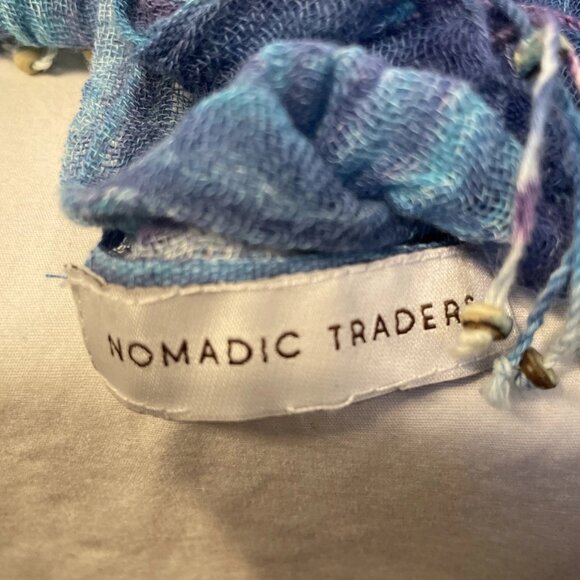 Nomadic Traders 70" x 30" Blue Green Striped Scarf Head Wrap Beaded Fringe - Picture 6 of 8